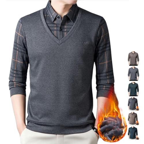 AMOUSDRDR Gefälschtes zweiteiliges Revers-Langarm-Top, Herren-Revers, zweiteiliges Strickshirt, warmes Polo-T-Shirt für Herren (graues Fleece, Größe XXL (75–80 kg)) von AMOUSDRDR