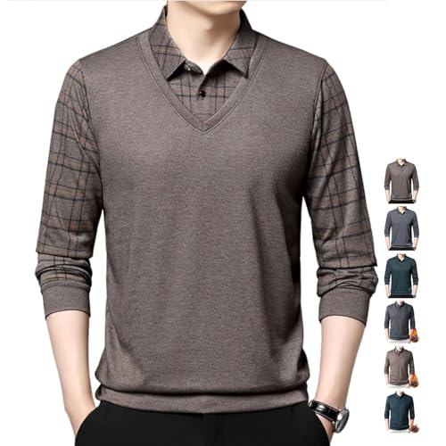 AMOUSDRDR Gefälschtes zweiteiliges Revers für Herren, langärmeliges Oberteil, Revers, zweiteiliges Strickshirt, warmes Polo-T-Shirt für Herren (Kamel, M (50–60 kg)) von AMOUSDRDR