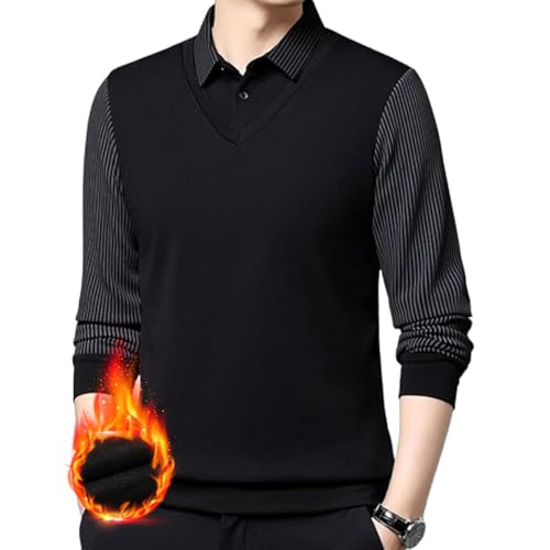 AMOUSDRDR Herren Revers Faux Zweiteiliges Strickhemd Winter Warmes Hemd mit Gestreiftem Revers Fake 2-teiliges Langarmhemd PoLo Tops (Schwarz, 4XL (90-95kg)) von AMOUSDRDR