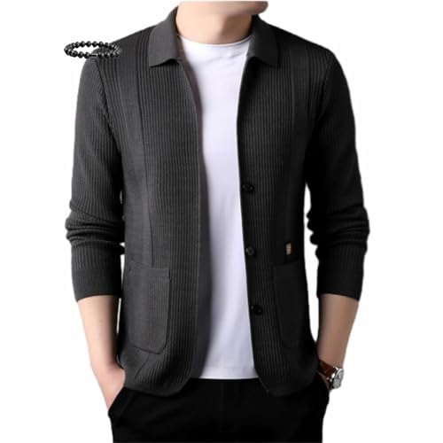 AMOUSDRDR Herren-Strickmantel mit Revers, langärmelig, koreanischer Stil, reine Farbe, Strickjacke, Blazer, lässiger Pullover mit Knöpfen und Taschen (Grau, Größe L (55–65 kg)) von AMOUSDRDR