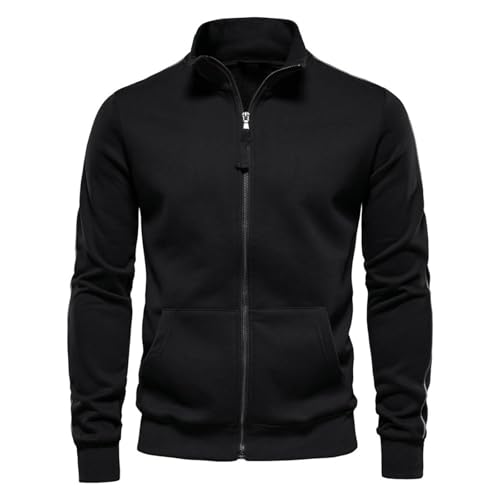 AMOUSDRDR Herren-Sweatshirt mit Reißverschluss, ohne Kapuze, lässig, langärmelig, Stehkragen, leicht, athletisch, Reißverschluss, Sweatshirt-Jacke mit Taschen (Schwarz, Größe L) von AMOUSDRDR