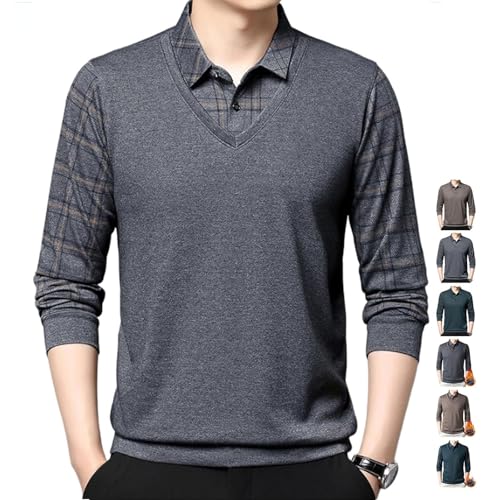 AMOUSDRDR Herren gefälschtes zweiteiliges Revers, langärmeliges Oberteil, Revers, zweiteiliges Strickshirt, warmes Polo-T-Shirt für Herren (Grau, XL (65–75 kg)) von AMOUSDRDR