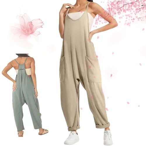 AMOUSDRDR Lahloya Umstands-Jumpsuit, Lahloya Schwangerschafts-Jumpsuits für Damen, ärmellos, Spaghettiträger, V-Ausschnitt, übergroßer Overall, Schwangerschaft (Beige, XL) von AMOUSDRDR