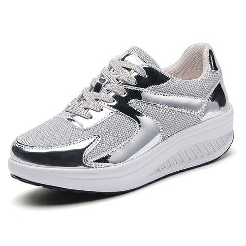 AMOUSDRDR Modische Damen-Sneaker, Plateau-Sneaker, lässiger Schnürer, dicke Sohle, glänzend, metallisch, Low-Top, gepolsterte Wanderschuhe (Silber, Größe 36) von AMOUSDRDR