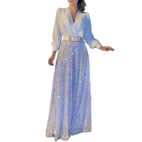 AMOUSDRDR Stylisches Langarmhemd mit V-Ausschnitt und Paillettenhose mit weitem Bein, zweiteiliges Set, glitzernder Overall, Cocktail-Hosenanzug für Damen, Abendparty, weiß, XL von AMOUSDRDR