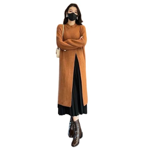 AMOUSDRDR Temperament Rundhals-Strickpullover, geteiltes Kleid, langes Pulloverkleid mit Schlitz, Herbst-Winter-Pulloverkleider für Damen 2024 (Orange, XL (80–90 kg)) von AMOUSDRDR