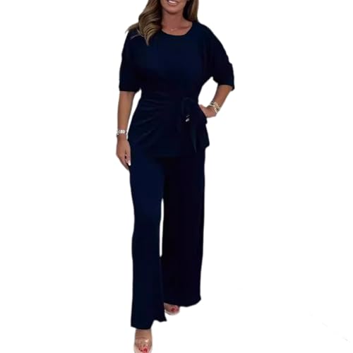 AMOUSDRDR Weiches 2-teiliges Damen-Outfit mit langen Ärmeln, einfarbig, lässig, modisch, Tunika, Oberteil und Hose mit weitem Bein, Lounge-Sets (Marineblau, Größe M) von AMOUSDRDR