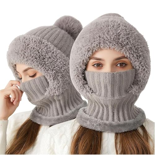 AMOUSDRDR Winter-Sturmhaube für Damen, mit Fleece gefüttert, winddicht, Strickmütze, einteilig, einfarbig, Strickmütze und Schal, Maske, Kapuzenschal, Set (grau) von AMOUSDRDR