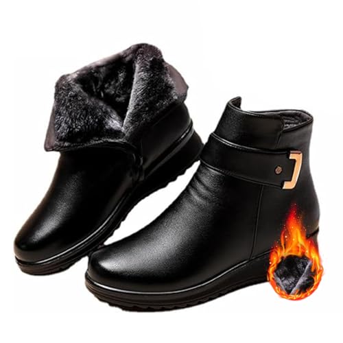 Orthopädische Stiefel aus echter Lederwolle mit Metallschnalle für Damen, warme, rutschfeste, mit Plüsch gefütterte Stiefeletten mit seitlichem Reißverschluss für den Winter (Schwarz,35EU) von AMOUSDRDR