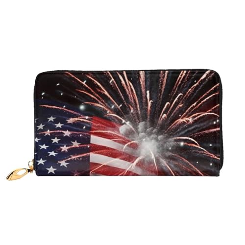 AMREWQYL Amerikanische Flagge Feuerwerk gedruckt Leder Lange Clutch Geldbörse Damen Reisebrieftasche Kreditkartenetui, Schwarz, Einheitsgröße von AMREWQYL