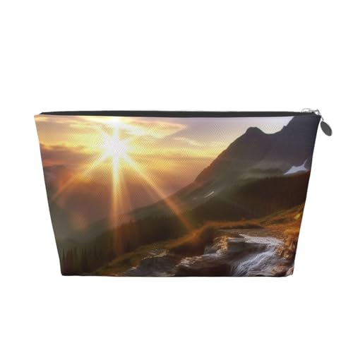 AMREWQYL Kulturbeutel aus Leder, Motiv: Berg, Sonnenaufgang, Landschaft, bedruckt, Make-up-Tasche, Kosmetiktasche, Clutch-Tasche, silber, Einheitsgröße von AMREWQYL