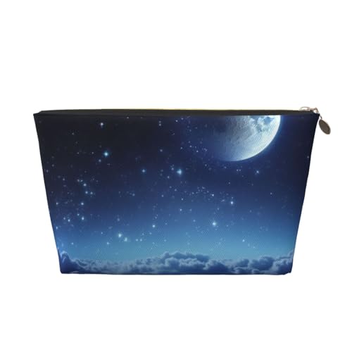 AMREWQYL Reise-Kulturbeutel, Motiv: Mond mit Sternenhimmel-Motiv, aus Leder, Make-up-Tasche, Kosmetiktasche, Clutch-Tasche, Gold, Einheitsgröße von AMREWQYL