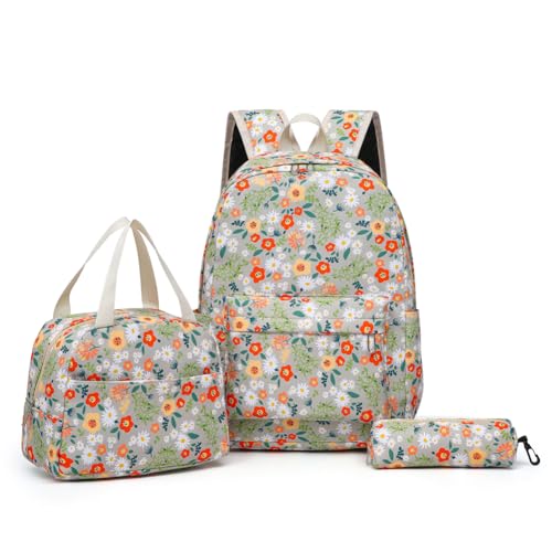 AMZLORD 3-teiliges Rucksack-Set mit Blumenmuster, Rucksack for Grundschüler, mit Lunchtasche und Stiftetui, einfacher Reiserucksack mit großer Kapazität for Jungen und Mädchen von AMZLORD