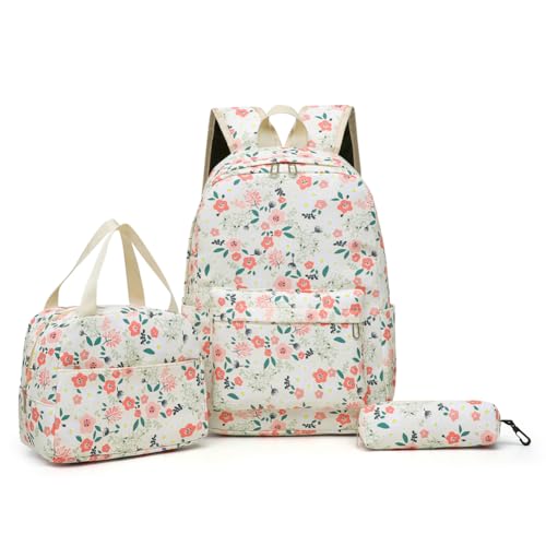 AMZLORD 3-teiliges Rucksack-Set mit Blumenmuster, einfacher Reiserucksack mit Lunchtasche und Stiftetui, Nylon-Laptop-Rucksack, große Kapazität, Outdoor-Reisetasche von AMZLORD