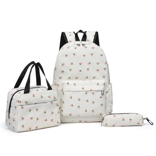 AMZLORD 3-teiliges Rucksack-Set mit Blumenmuster, einfacher Reiserucksack mit Lunchtasche und Stiftetui, Schulbüchertaschen-Set, große Kapazität, Outdoor-Reisetasche von AMZLORD