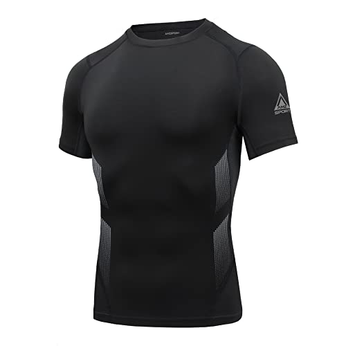 AMZSPORT Herren Kompressionsshirt Funktionsunterwäsche Kurzarm Schnelltrocknendes Funktionsshirt Laufshirt, Schwarz, M von AMZSPORT