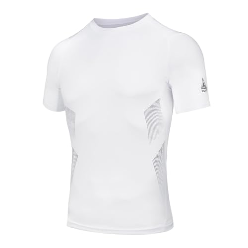 AMZSPORT Herren Kompressionsshirt Funktionsunterwäsche Kurzarm Schnelltrocknendes Funktionsshirt Laufshirt, Weiß, XXL von AMZSPORT