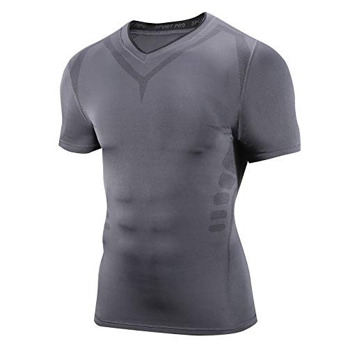 AMZSPORT Herren Kompressionsshirt Kurzarm Funktionsshirt Atmungsaktives Sportshirt Laufshirt, Dunkelgrau L von AMZSPORT