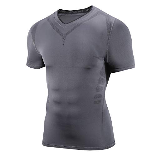 AMZSPORT Herren Kompressionsshirt Kurzarm Funktionsshirt Atmungsaktives Sportshirt Laufshirt, Dunkelgrau XL von AMZSPORT