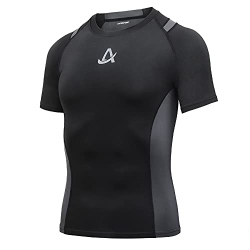 AMZSPORT Herren Kurzarm Kompressionsshirt Schnelltrocknend Sport Laufshirt Funktionsshirts, Schwarz L von AMZSPORT