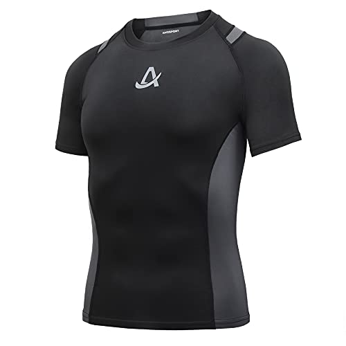 AMZSPORT Herren Kurzarm Kompressionsshirt Schnelltrocknend Sport Laufshirt Funktionsshirts, Schwarz XL von AMZSPORT