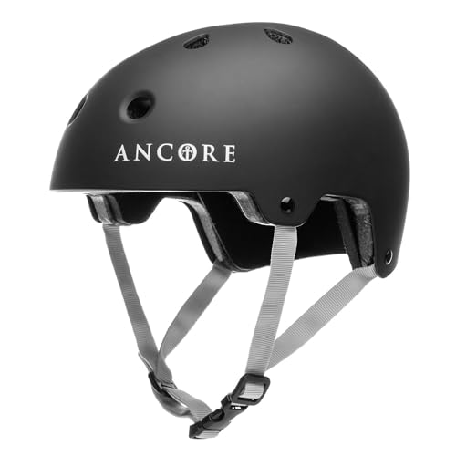 Ancore - Prolight - Helm für Skateboard, BMX, Scooter, Fahrrad und Extremsportarten - Hartschale, stoßfest, Verstellbarer Kinnriemen Skaterhelm (Matte Black, S/M - Kopfumfang 55-58 cm) von ANCORE