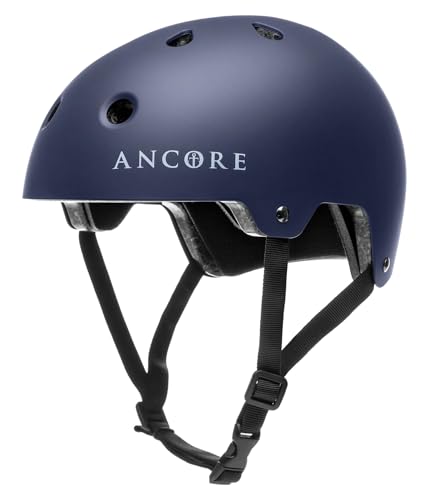 Ancore - Prolight - Helm für Skateboard, BMX, Scooter, Fahrrad und Extremsportarten, Hartschale, stoßfest, Verstellbarer Kinnriemen Skaterhelm (Navy, S/M - Kopfumfang 55-58 cm) von ANCORE