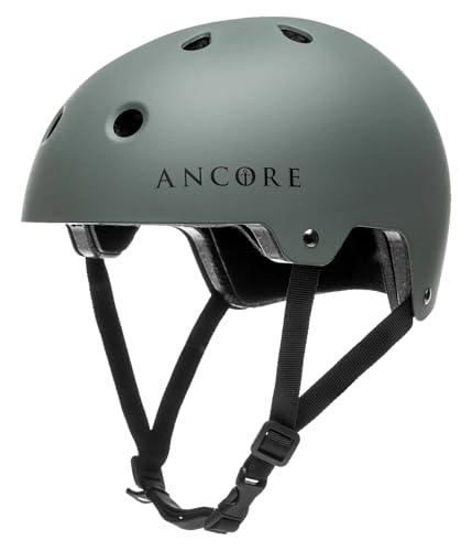 Ancore - Prolight - Helm für Skateboard, BMX, Scooter, Fahrrad und Extremsportarten, Hartschale, stoßfest, Verstellbarer Kinnriemen Skaterhelm (Olive, S/M - Kopfumfang 55-58 cm) von ANCORE