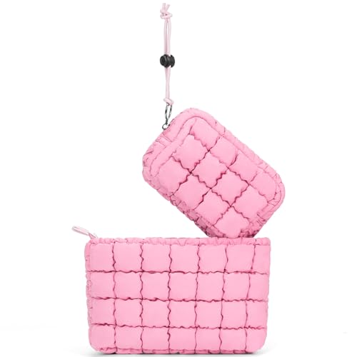 ANKICK Gesteppte Make-up-Tasche und Reißverschluss-Kartenfach, Schlüsselanhänger, Puffer-Kosmetiktasche, Pink von ANKICK