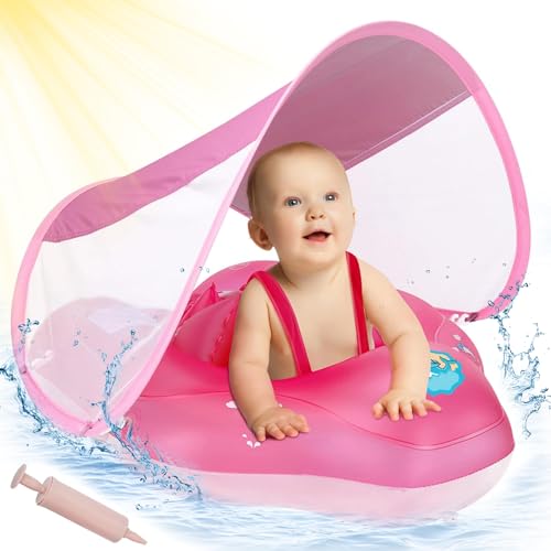 ANSTEN Schwimmring Baby mit Sonnendach Aufblasbare Baby Float Shwimmreifen Baby mit aufblasbarer Schwimmboje,Schwimmtrainer,Schwimmhilfe Spielzeug,Baby Schwimmring ab 3 Monate(Rosarot) von ANSTEN