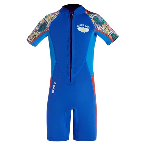 ANVIGO Neoprenanzug Kinder Neopren Shorty Thermal Tauchen Badeanzug, 2,5 mm Neopren Frontreißverschluss Einteilige Neoprenanzüge für Wassersport Surfen Schwimmen Tauchen Jetski (HellBlau, XL) von ANVIGO