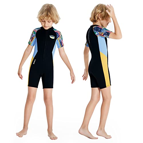 ANVIGO Neoprenanzug Kinder Neopren Shorty Thermal Tauchen Badeanzug, 2,5 mm Neopren Frontreißverschluss Einteilige Neoprenanzüge für Wassersport Surfen Schwimmen Tauchen Jetski (Schwarz, L) von ANVIGO