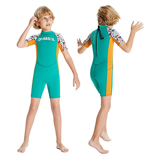 ANVIGO Neoprenanzug Kinder Neopren Shorty Thermal Tauchen Badeanzug, 2,5 mm Neopren Rückenreißverschluss Einteilige Neoprenanzüge für Wassersport Surfen Schwimmen Tauchen Jetski (Grün, S) von ANVIGO