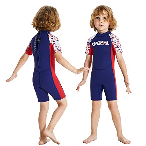 ANVIGO Neoprenanzug Kinder Neopren Shorty Thermal Tauchen Badeanzug, 2,5 mm Neopren Rückenreißverschluss Einteilige Neoprenanzüge für Wassersport Surfen Schwimmen Tauchen Jetski (Navy Blau, L) von ANVIGO