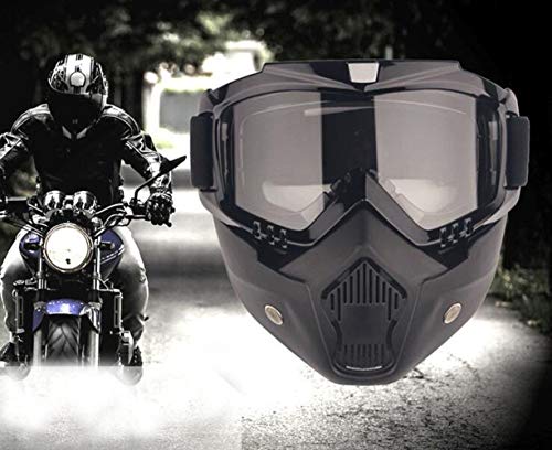 AOI Motorradbrillenmaske mit Abnehmbarer Gesichtsmaske, Motorrad Motocross Gesichtsmaske mit Abnehmbarer Brille und Mundfilter für Vintage Helme (schwarzer Rahmen, graue Linse) von AOI