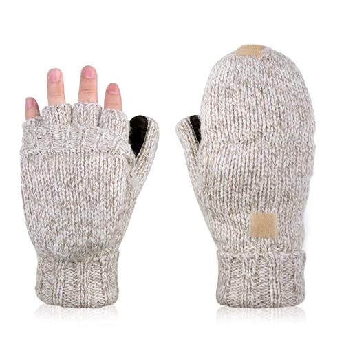 AOKAY Winter Handschuhe Fingerlose Fäustlinge Damen Fingerhandschuhe Fingerlos Handschuhe Strick Handschuhe mit Flip Top (Vintage-Beige) von AOKAY