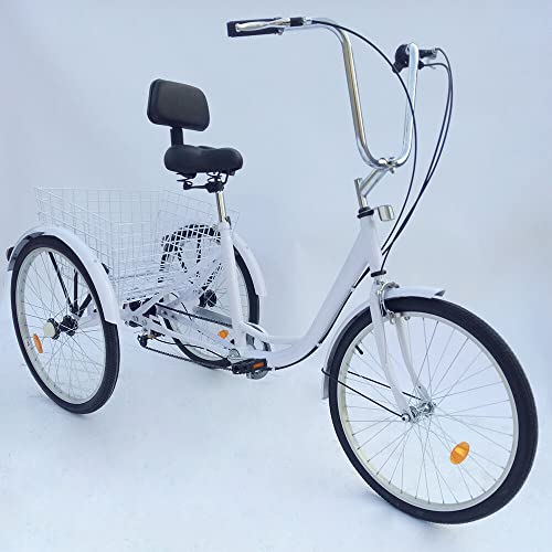 AOOUNGM 24 Zoll Dreirad 6 Gang Dreirad für Erwachsene Dreirad Verstellbarer Erwachsene mit Einkaufskorb Outdoor 3-Rad-Fahrrad Höhenverstellbar Dreirad Kohlenstoffstahl Senioren Dreirad(Weiß) von AOOUNGM