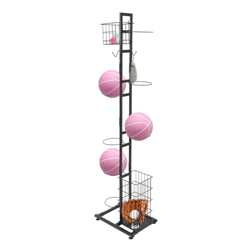 AOOUNGM 7-stufiger Ballständer, Basketball Aufbewahrungsregal Metall, Vertical Ball Rack Halter, Ballhalter für Fussball, Volleyball Fußballregal Stehend mit 2 Körben von AOOUNGM