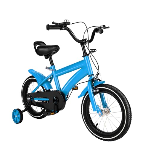 AOOUNGM Kinderfahrrad 14 Zoll Einstellbar Kinderfahrrad Kohlenstoffstahl Kinderfahrrad Jungen Mädchen Fahrrad,mit Stützrädern fit 3-6 Jahre, Blau von AOOUNGM