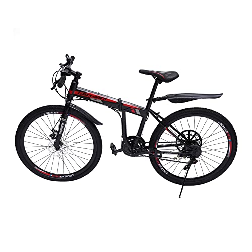 AOOUNGM Mountainbike 26 Zoll Fahrräder Tragbarkeit 21-Gang-Schaltung Mountainbike Upgraded Kohlenstoffstah Zusammenklappbar Mountainbike Geeignet für Erwachsene,Schwarz + Rot von AOOUNGM
