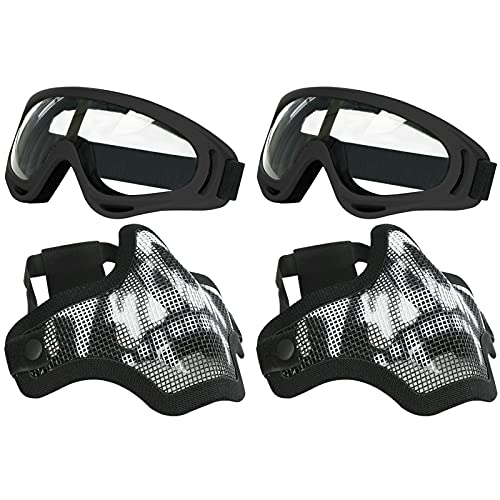 AOUTACC Airsoft Maske und Brille Set, Halbgesichtsmaske und Brille aus Stahlgeflecht für CS/Jagd/Paintball/Schießen (2 Stück schwarze Totenkopf-Maske) von Aoutacc