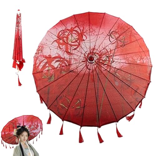 Chinesischer Regenschirm 32in Red Magic Lily Japanische Regenschirm Seide Japanische Parasol mit Quasten dekorativer asiatischer Regenschirm für Tanz aufführen Propem Mode Bags von AOpghY