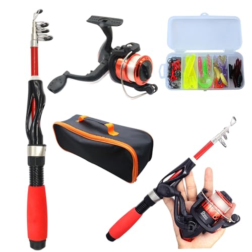 Kids Angel Stange 4pcs/Set Teleskop Mini Kids Fishing Rod Starter Set Ceramic Guide Ring Glasfaser Köderfischerei für Anfänger, rote Angelzubehör von AOpghY