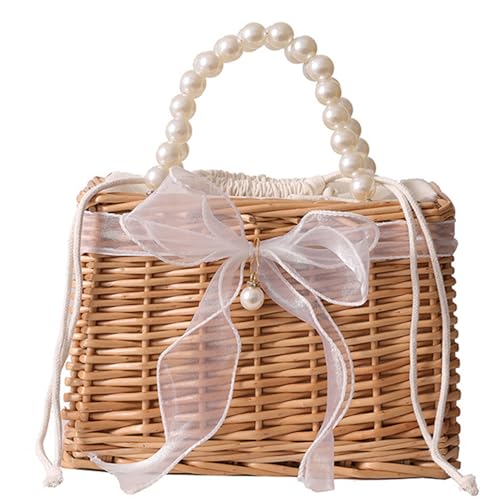 Wicker -Geldbeutel Großkapazität Korbspannung Elegante Strohhandtasche mit Perlengriff und Knoten Bogenband Rattan -Geldbörse mit Basiskorb -Taschen Frauenbeutel von AOpghY