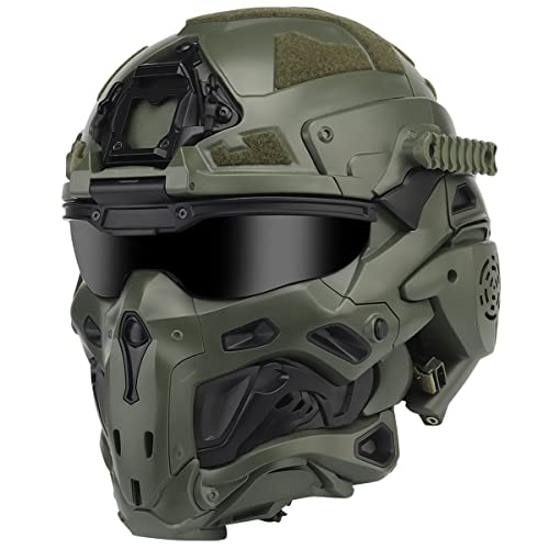 AQ zxdc Full Face Airsoft-Helm, mit Eingebautem Kopfhörer, Brille, Maske, Entnebelungsventilator, Einteilig Abnehmbar, für Paintball Schießen BBS CQB Militärischer Schutz,Grün von AQ zxdc