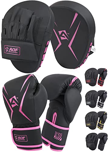 AQF Boxhandschuhe und Pads – Erwachsene & Kinder Boxset für Kickboxen & MMA Muay Thai Boxhandschuh mit gebogenen Boxpads für Kampfsporttraining (Rosa, 237 g) von AQF