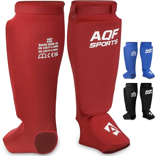 AQF Schienbeinschoner Kickboxen - CE UKCA SATRA Genehmigt Muay Thai Schienbeinschützer - Eva Gepolstert MMA Spannschützer Bein Unterstützung Fuß Shin Guard für Karate, Kampfsport (Rot, S) von AQF