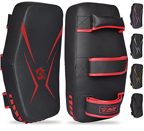 AQF Thai Pads für Kickboxen Muay Thai Pad mit festem Griff, Maya Leder Gebogene Strike Schild für Boxen MMA Kampfsport Taekwondo, Training Sport (Single, Rot) von AQF