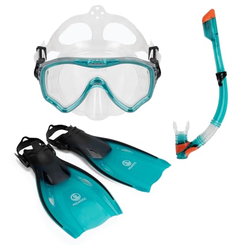 AQUASTIC Jetty 3-in-1 Schnorchelset Erwachsene Taucherbrille Pfeife und Schwimmflossen Größe 43/46 Farbe Hellblau Schnorchelmaske mit gehärtetem Glas Silikon Hypoallergene Maske von AQUASTIC