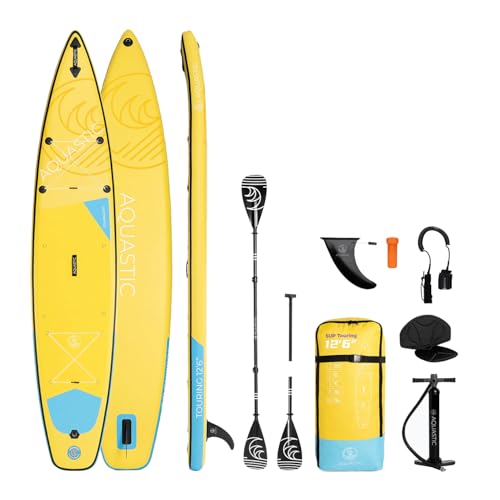 AQUASTIC Touring Brett 12'6" SUP Pneumatische Allround mit den Maßen 381x78x15 cm mit Sitz und Paddel Zum Schwimmen Für Ausflüge Mundgeblasen Dropstitch MSL Set Blau|Rot|Gelb (Gelb) von AQUASTIC